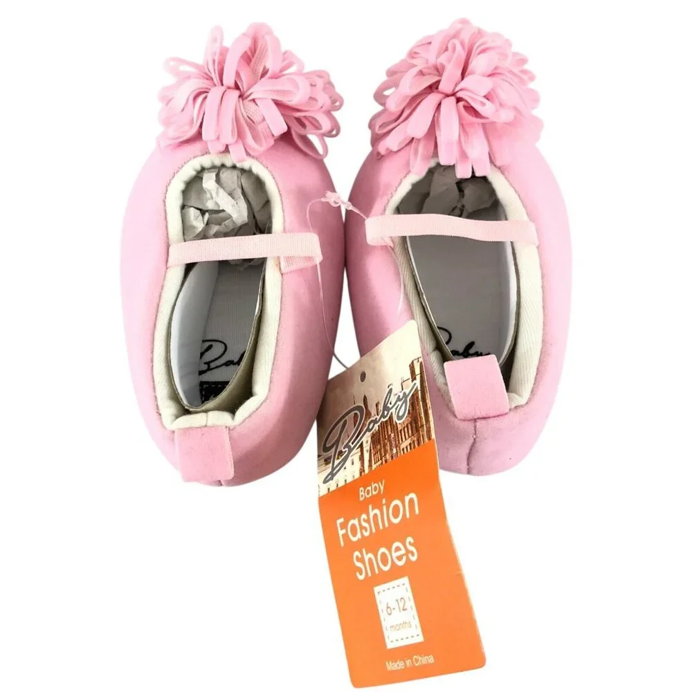 Baby Girls Crib Shoes Slippers Slip On Pom Mary Jane Pink Size 6-12 Months